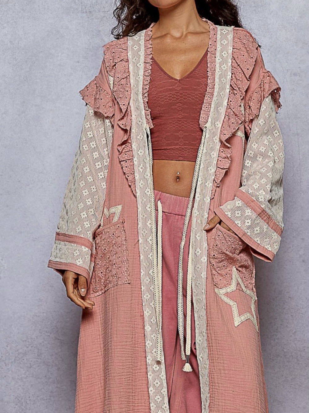 POL Dusty Rose Embroidered Boho Duster Cardigan